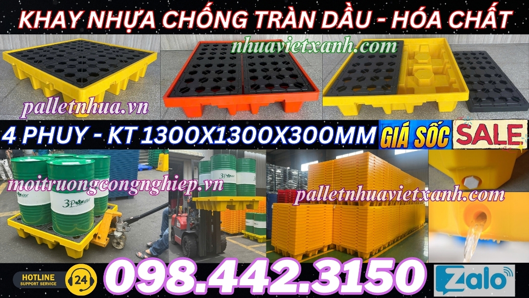 Khay nhựa chống tràn dầu - hóa chất 4 phuy KT 1300x1300x300mm