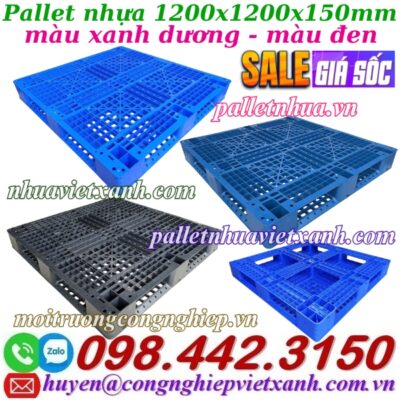 Pallet nhựa 1200x1200x150mm xanh dương và đen