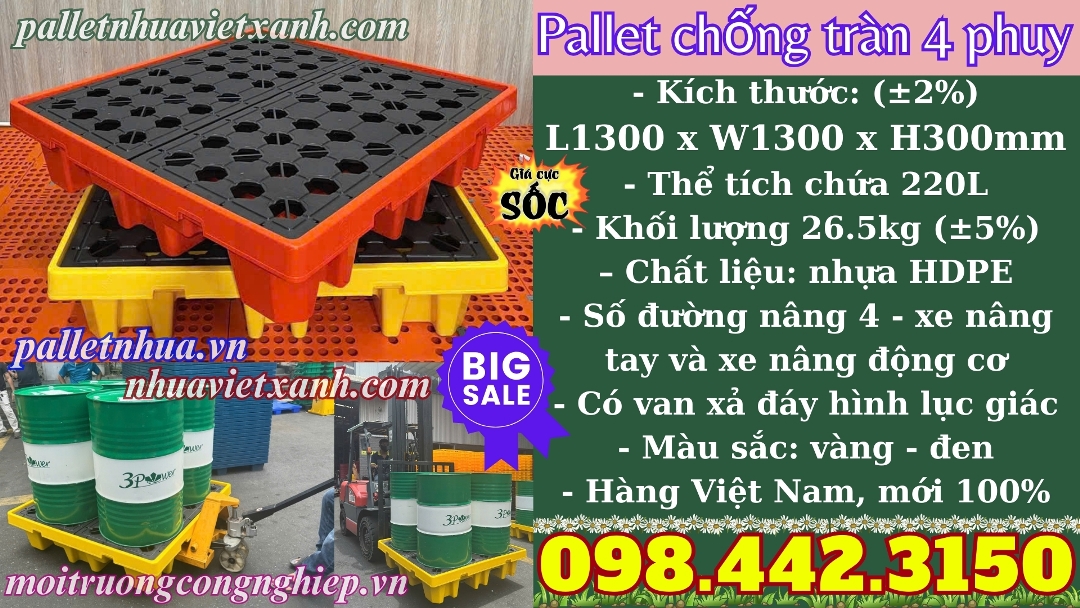 Pallet nhựa chống tràn 4 phuy cao 300mm - 1300x1300mm