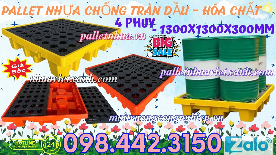 Pallet nhựa chống tràn dầu - hóa chất 4 phuy cao 300mm