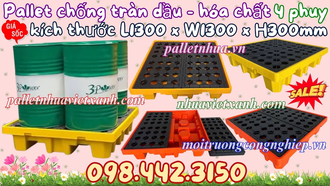 Pallet nhựa chống tràn dầu - hóa chất 4 phuy KT 1300x1300x300mm
