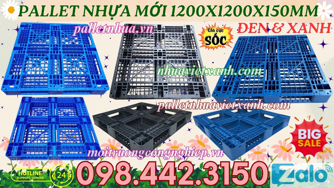 Pallet nhựa mới 1200x1200x150mm đen và xanh